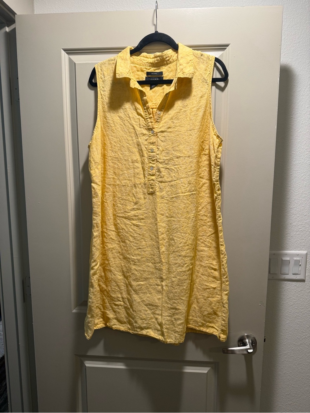 Tahari 1X Yellow 100% Linen Sleeveless Collared Shift Dress